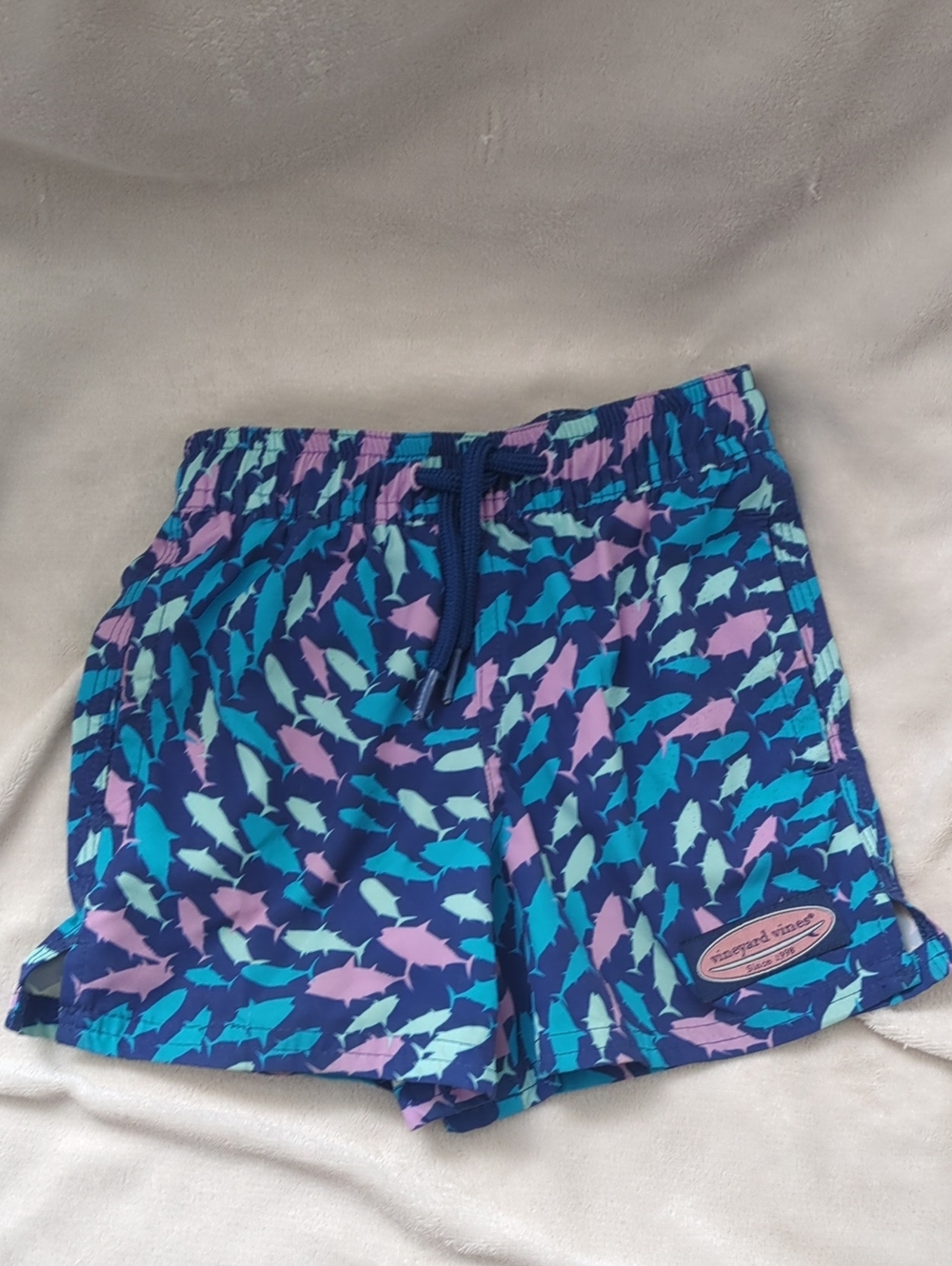 Vineyard Vines Blue Aqua Lavender Shark-Print Kids Swim Shorts